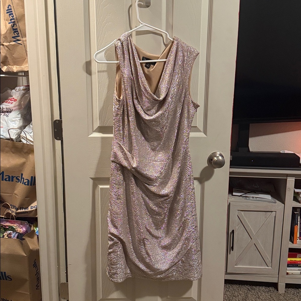 Shimmering silver and champagne colored cocktail dress. Size 14.